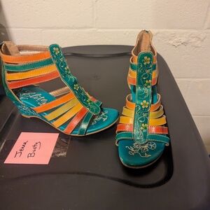 Elita Teal Floral Multi-Color Strappy Wedge Sandals